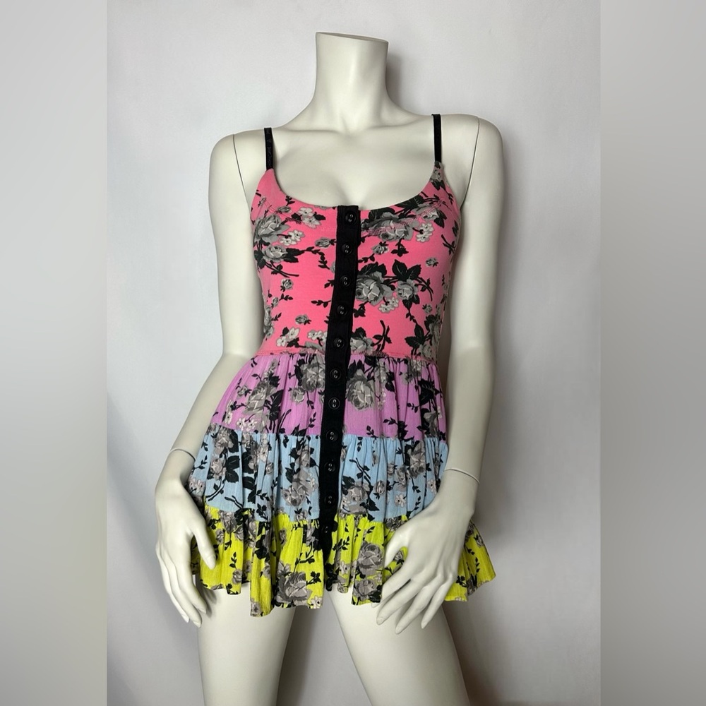 Betsey Johnson Floral Multicolor Mini Dress Button Down Ruffle